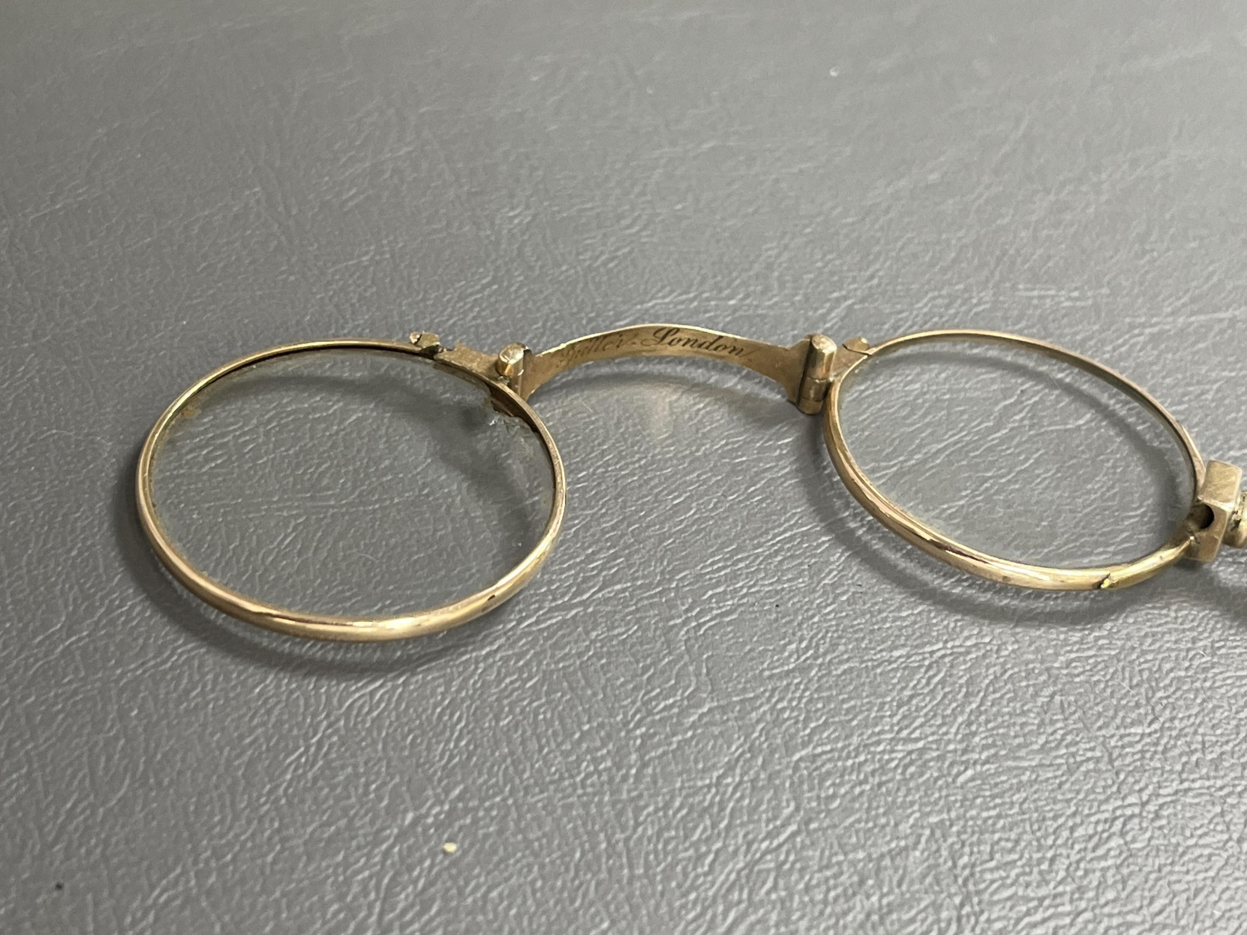 A pair of 18th/19th century shagreen cased white metal temple spectacles, a pair of gold lorgnettes, marked Spiller, London, two other pairs of lorgnettes in tortoiseshell and base metal (4)